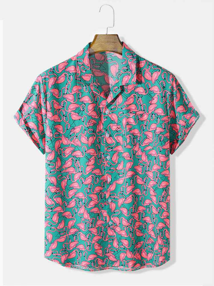 Mens Flamingo Print Revere Collar Holiday Short Sleeve Shirts
