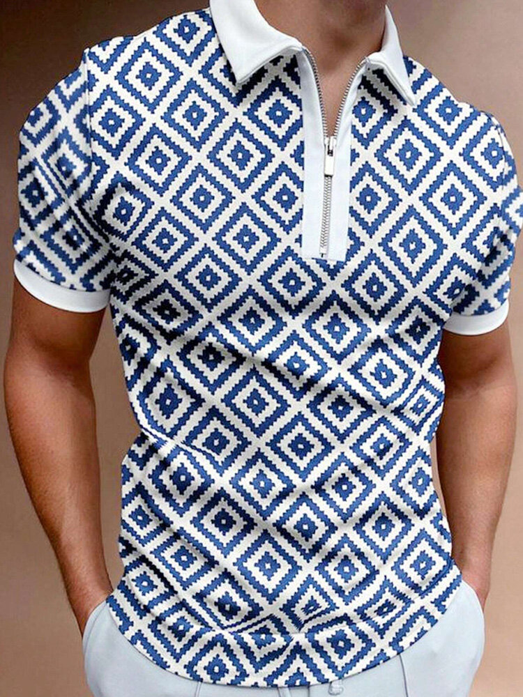 

Mens Geometric Pattern Zip Front Short Sleeve Shirts, Blue