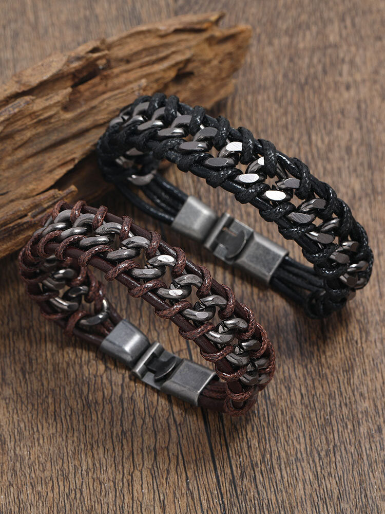 Vintage Geometric-shaped Hand-woven Iron Chain Cowhide Bracelet