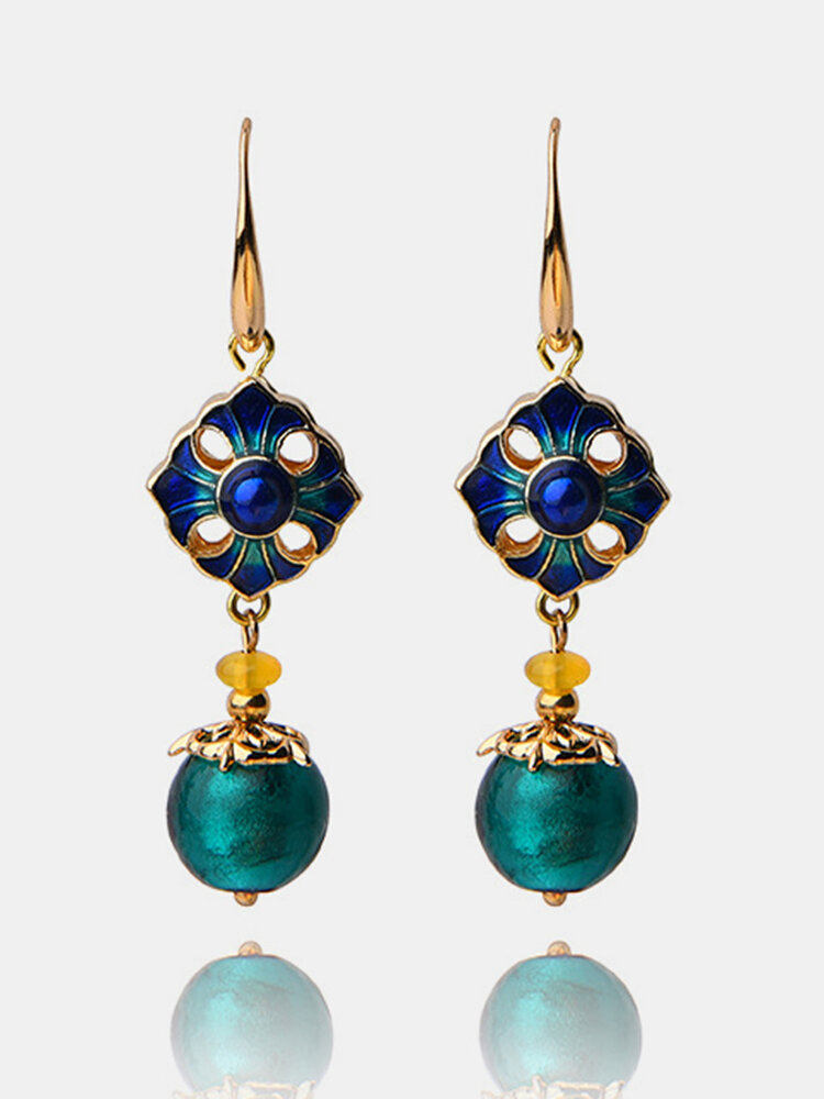 Luxury Retro Dangle Earrings Cloisonne Flower Agate Handmade Gold Earrings for Women Ethnic Jewelry