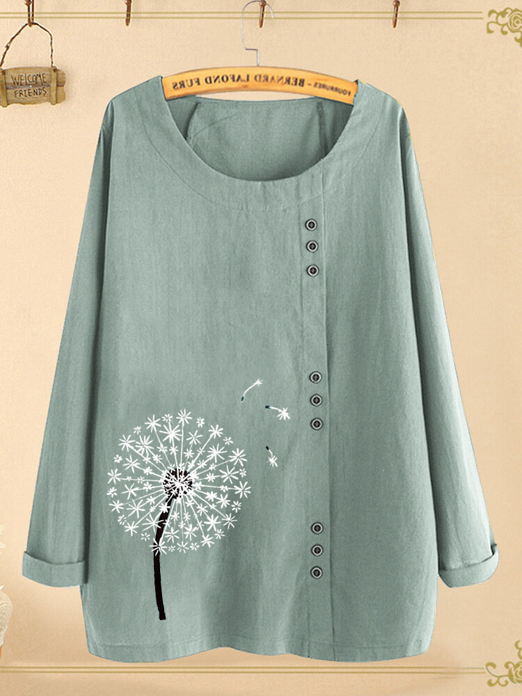 Flower Printed Long Sleeve O-neck Button Blouse For Women