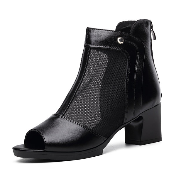 Black Leather Mesh Peep Toe Zipper Buckle Breathable Ankel Chunky Heel Sandals