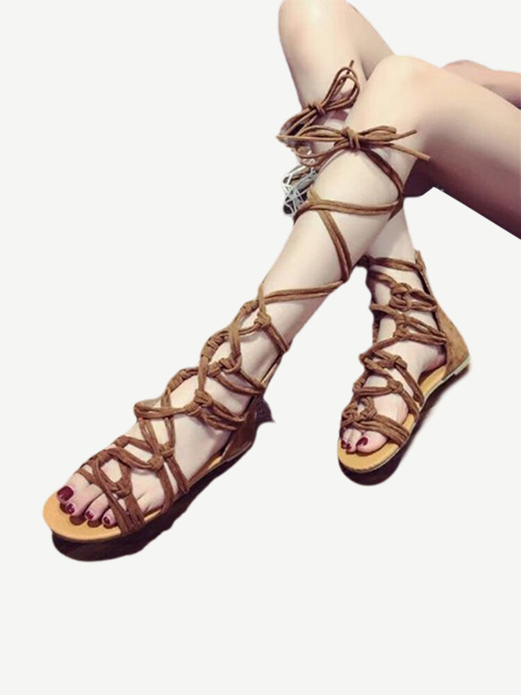 Women Big Size Gladiator Summer Solid Color Zipper Cross Lace Up Flat Sandals