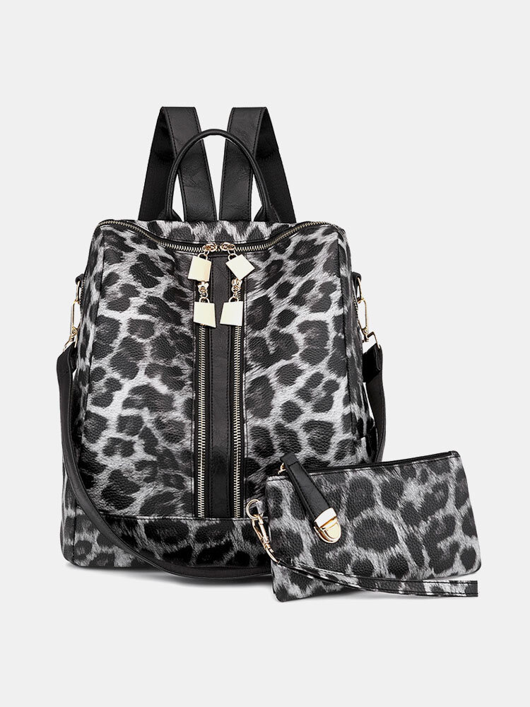 Stylish Cow Leopard Print Multi-Carry Waterproof Breathable Comfy Fabric Load-bearing Backpack With Clutch Wallet