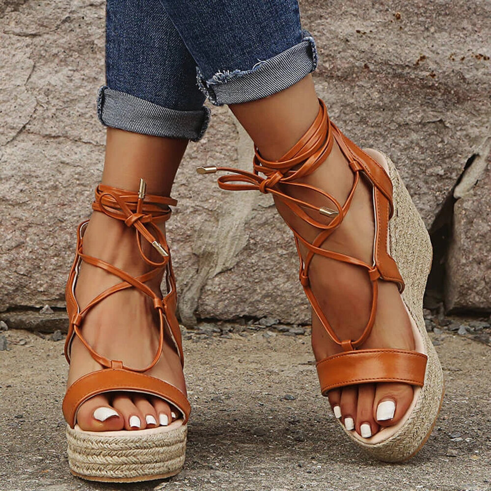 Large Sizes Women Solid Color Lace Up Wedges Sandals