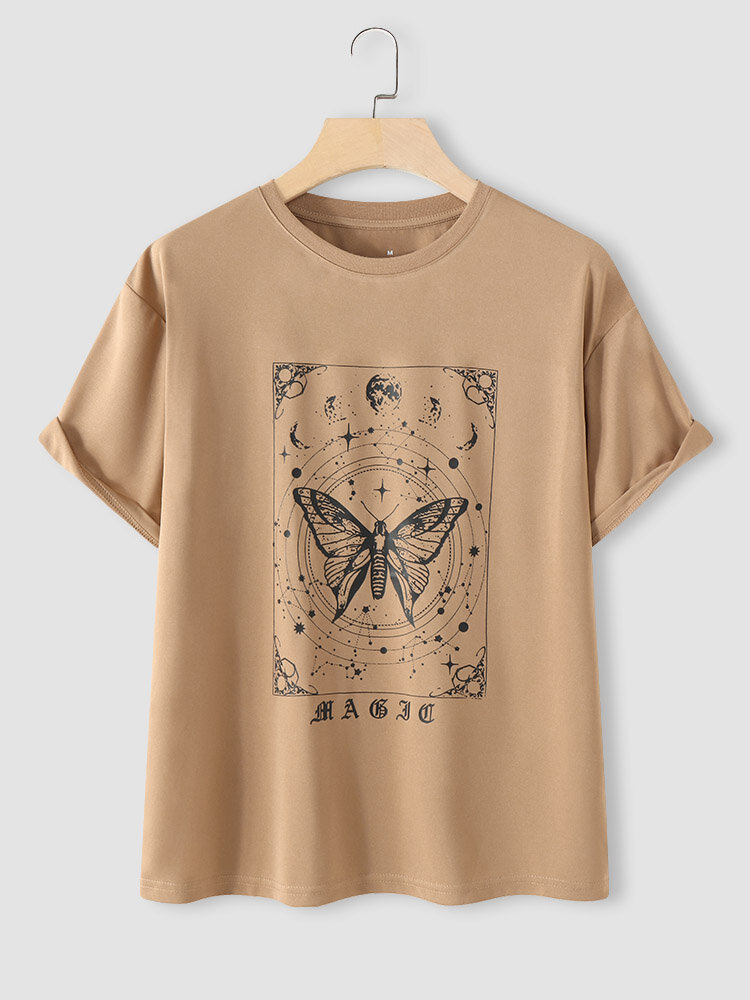 Camiseta casual com estampa de borboleta mágica gola careca manga curta
