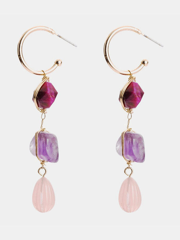 Bohemian  Purple Stone Earrings Alloy Ear Drop Resin Long Style Earrings For Women