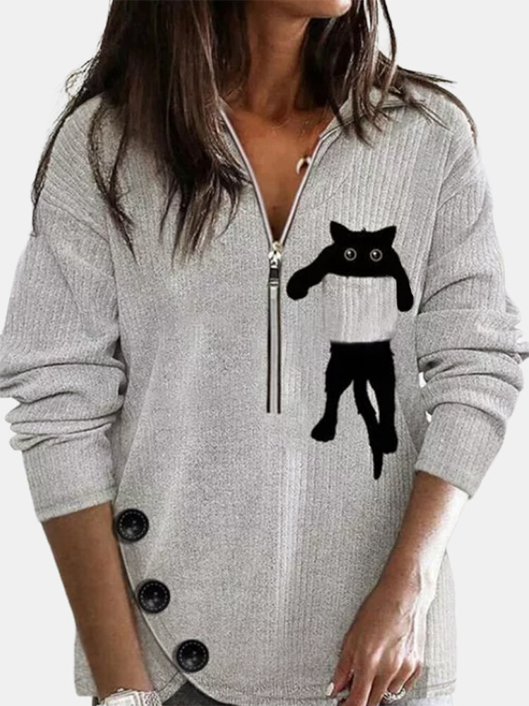 Blusa feminina com estampa de gato e gola de lapela de manga comprida