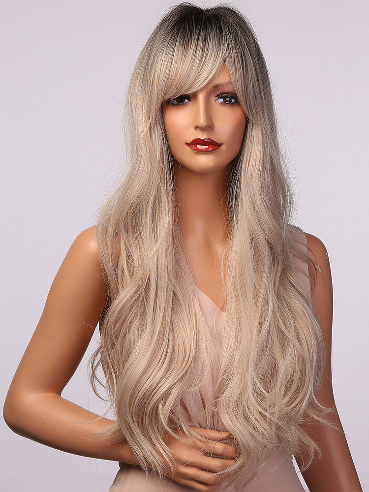 Gray White Long Wavy Curls Air Bangs Daily-use Synthetic Wigs