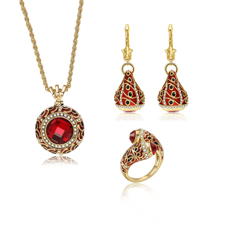 Luxury Red Crystal Statement Ring Charm Necklaces Star Drop Earrings Bridal Jewelry Sets for Women