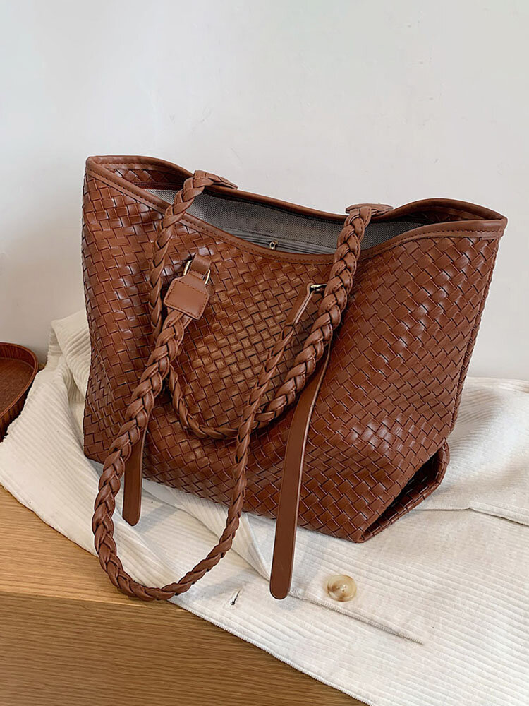 Women Vintage PU Leather Weave Large Capacity Shoulder Bag Handbag Tote