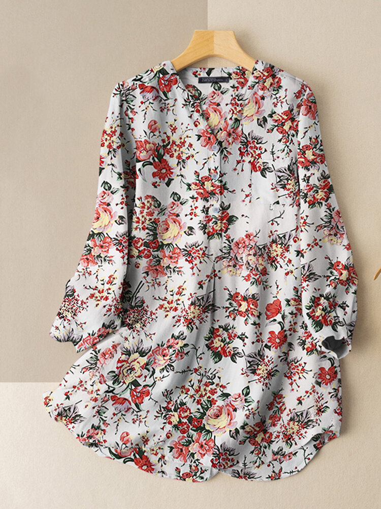 Allover Floral Print Button Half Placket Long Sleeve Loose Blouse