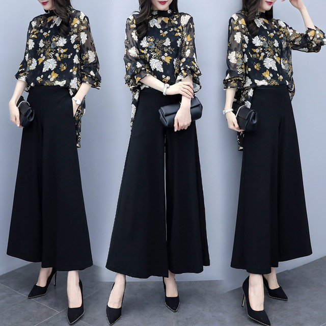 New Large Size Loose Thin Shirts Two Sets Of Foreign Fashion Wide Leg Pants Suit Women