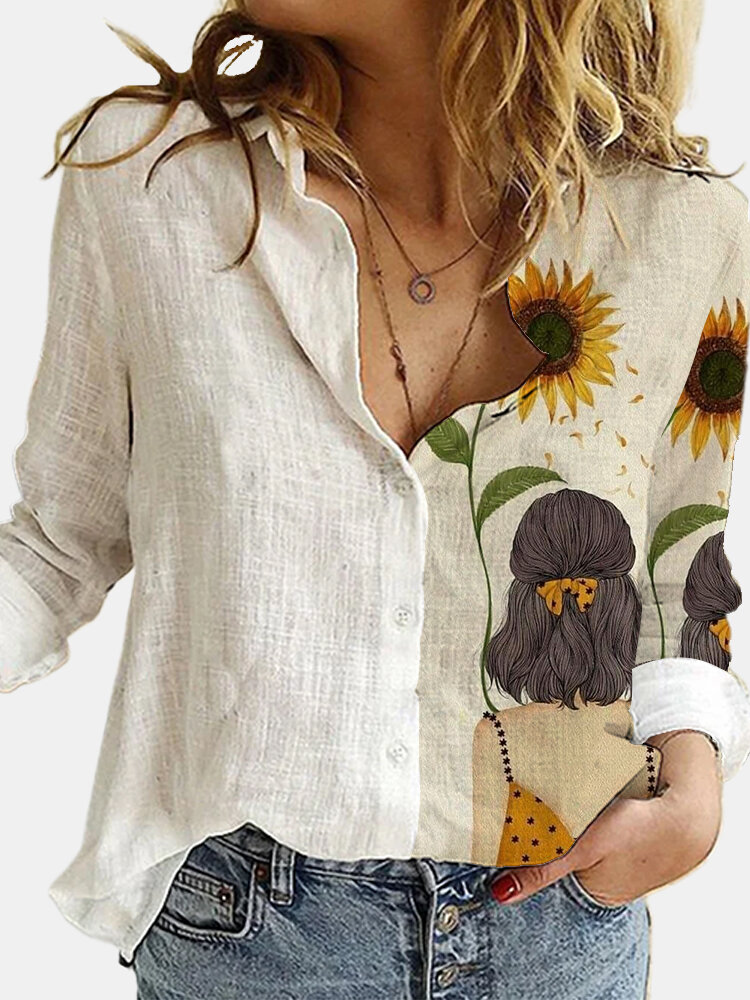 Girl Sunflower Printed Long Sleeve Turn-down Collar Patchwork Blouse For Women