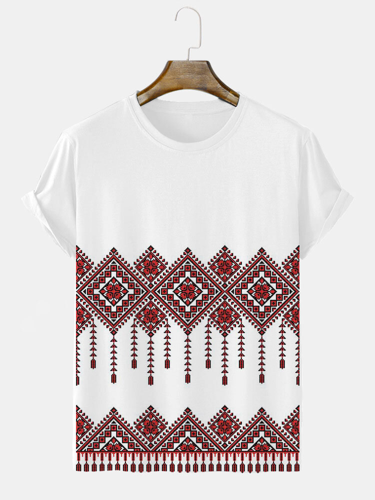 Herren-T-Shirts mit ethnischem Argyle-Muster, Rundhalsausschnitt und kurzen Ärmeln für den Winter