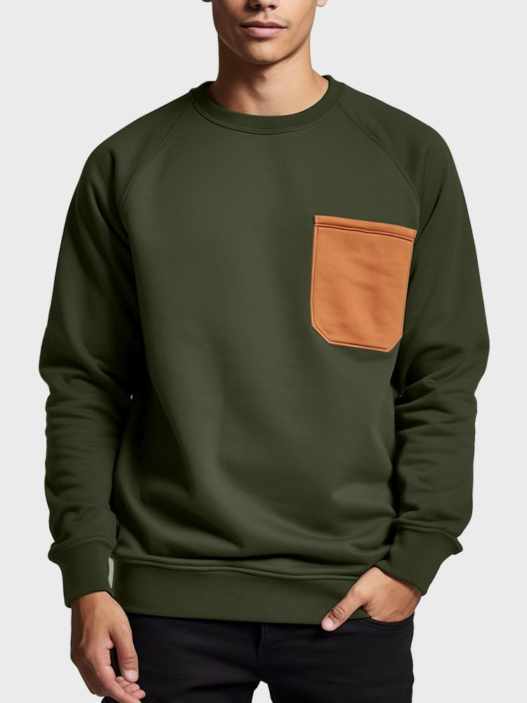 Mens Contrast Chest Pocket Crew Neck Casual Pullover Sweatshirts Winter