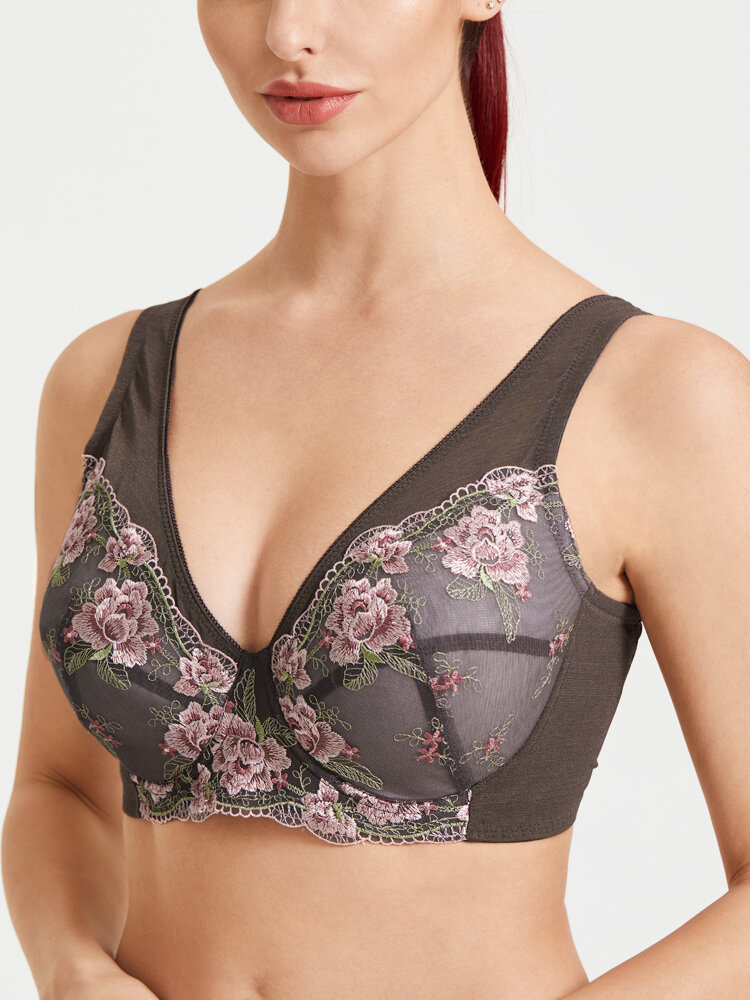 Women Lace Floral Embroidered Mesh Straps Breathable Full Cup Comfy Bras