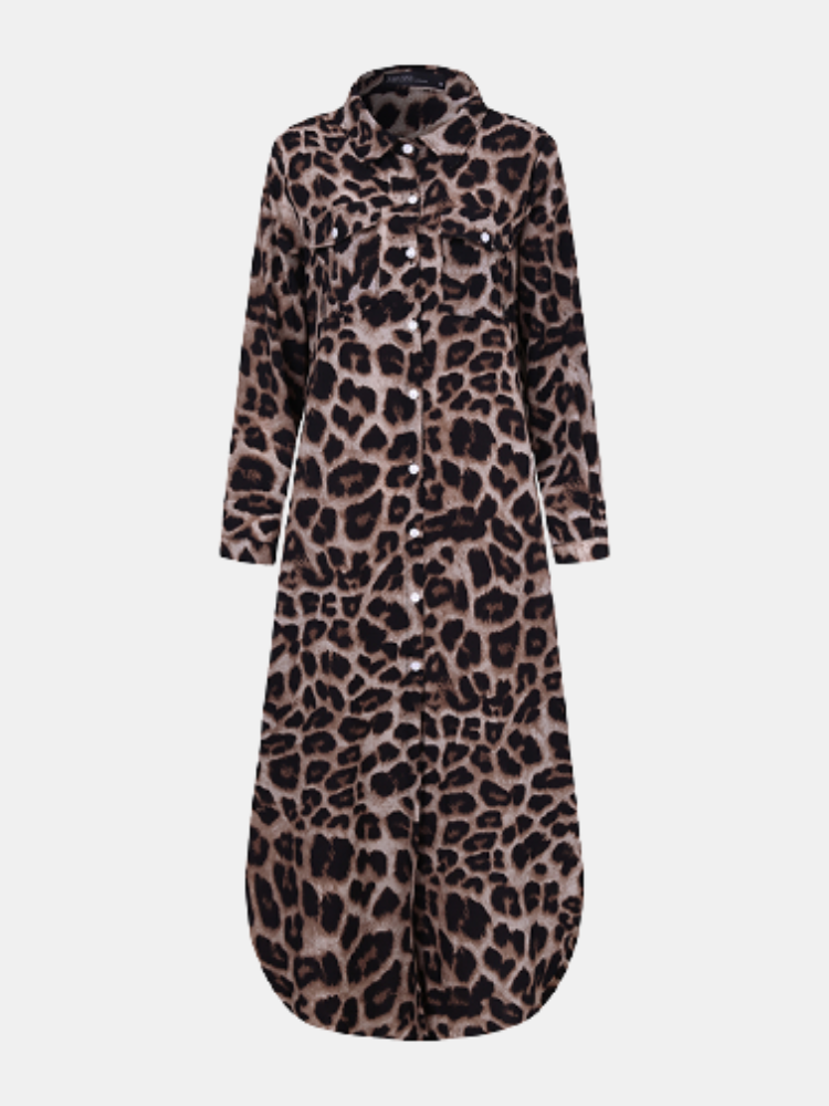 Leopard Print Lapel Button Plus Size Dress with Pockets