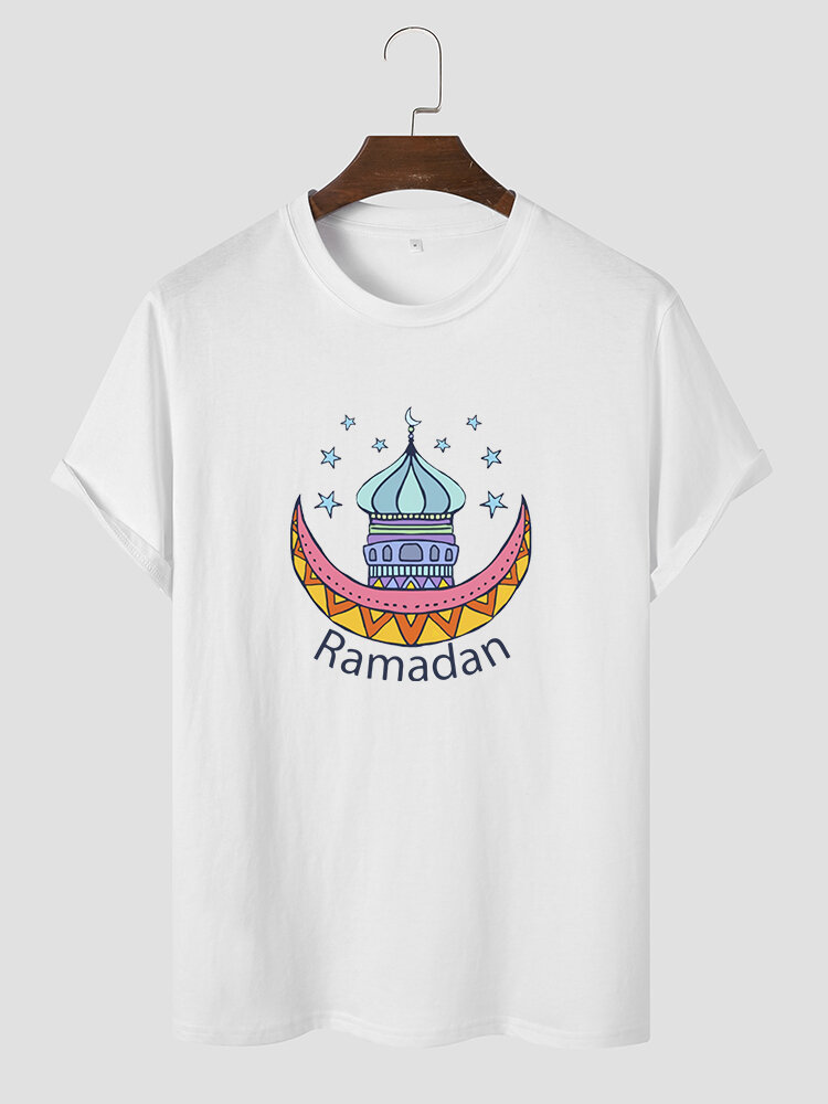 

Men Cartoon Cotton Ramadan Print Hem Cuff Crew Neck Casual T-Shirt, Black;white