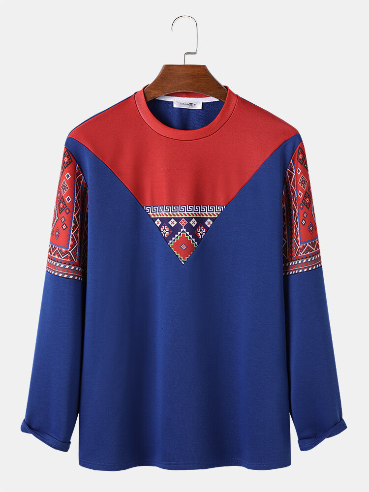 Mens Vintage Ethnic Pattern Patchwork Crew Neck Pullover Sweatshirts