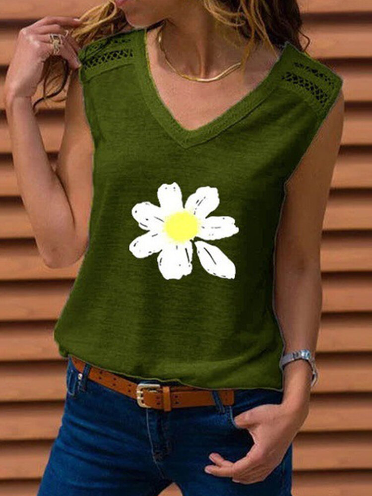 Flower Print Sleeveless V-neck Casual Tank Top For Women