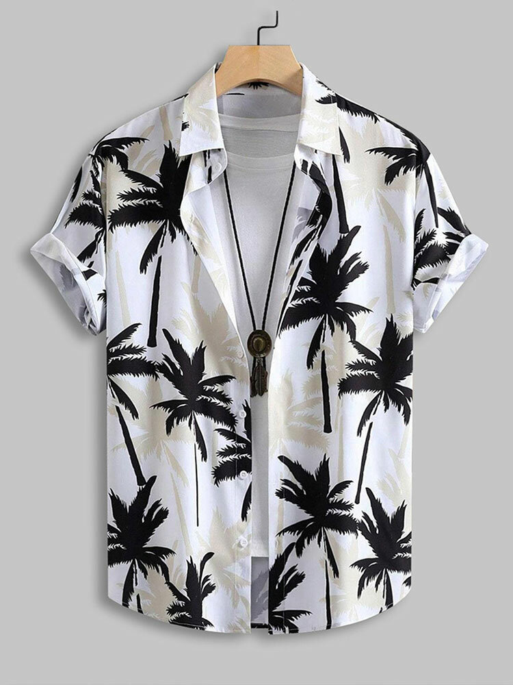 Mens Allover Coconut Tree Print Vacation Short Sleeve Shirts
