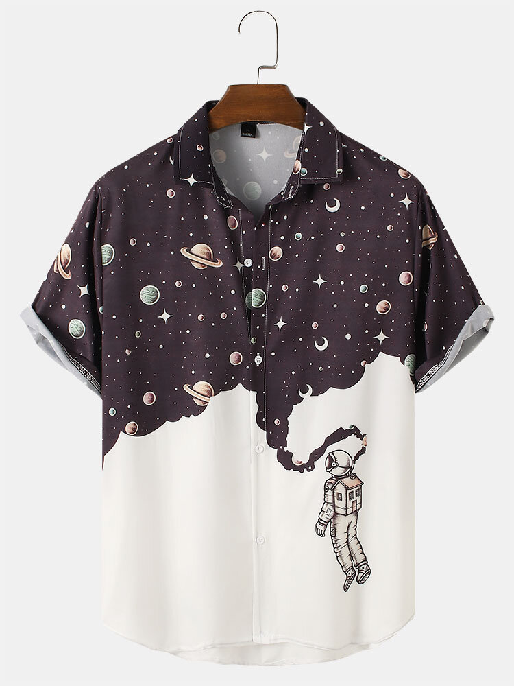 Mens Cartoon Galaxy & Astronaut Print Short Sleeve Shirt