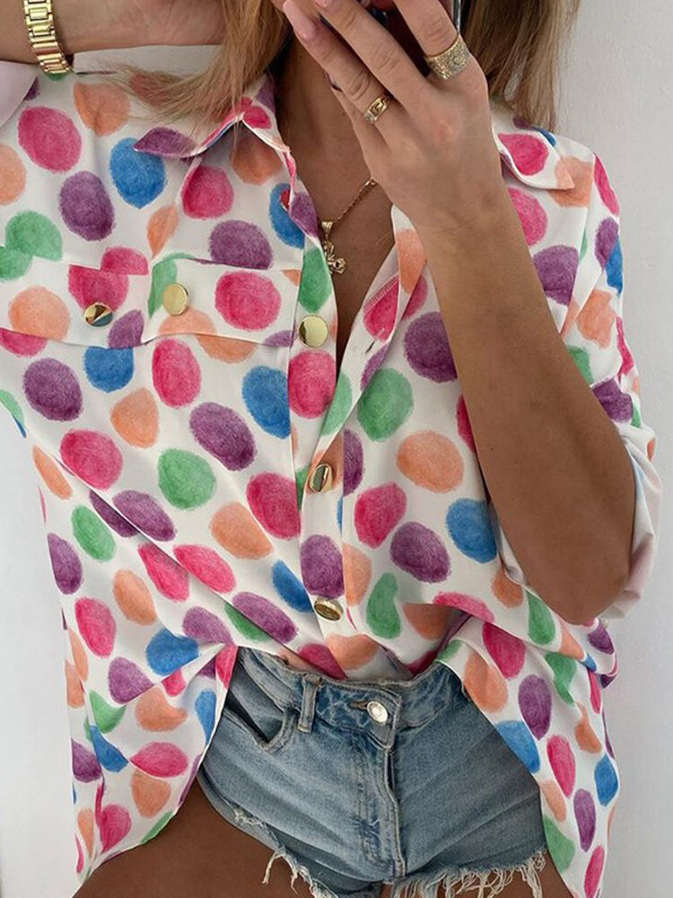 Multi-color Polka Dot Print Long Sleeve Casual Shirt For Women
