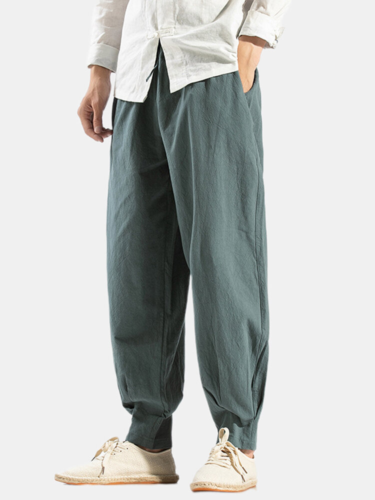 Mens 100% Cotton Oriental Solid Color Thin & Breathable Loose Harem Pants