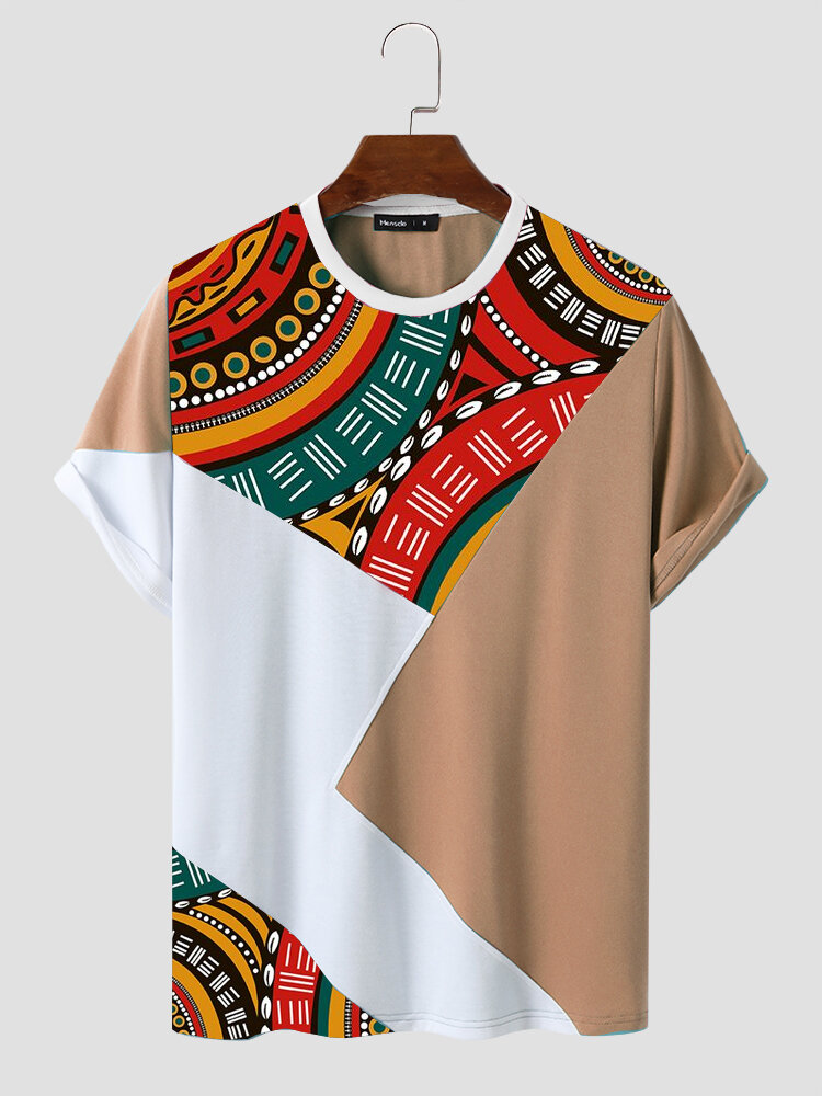 

Mens Ethnic Totem Color Block Patchwork Short Sleeve T-Shirts, Khaki