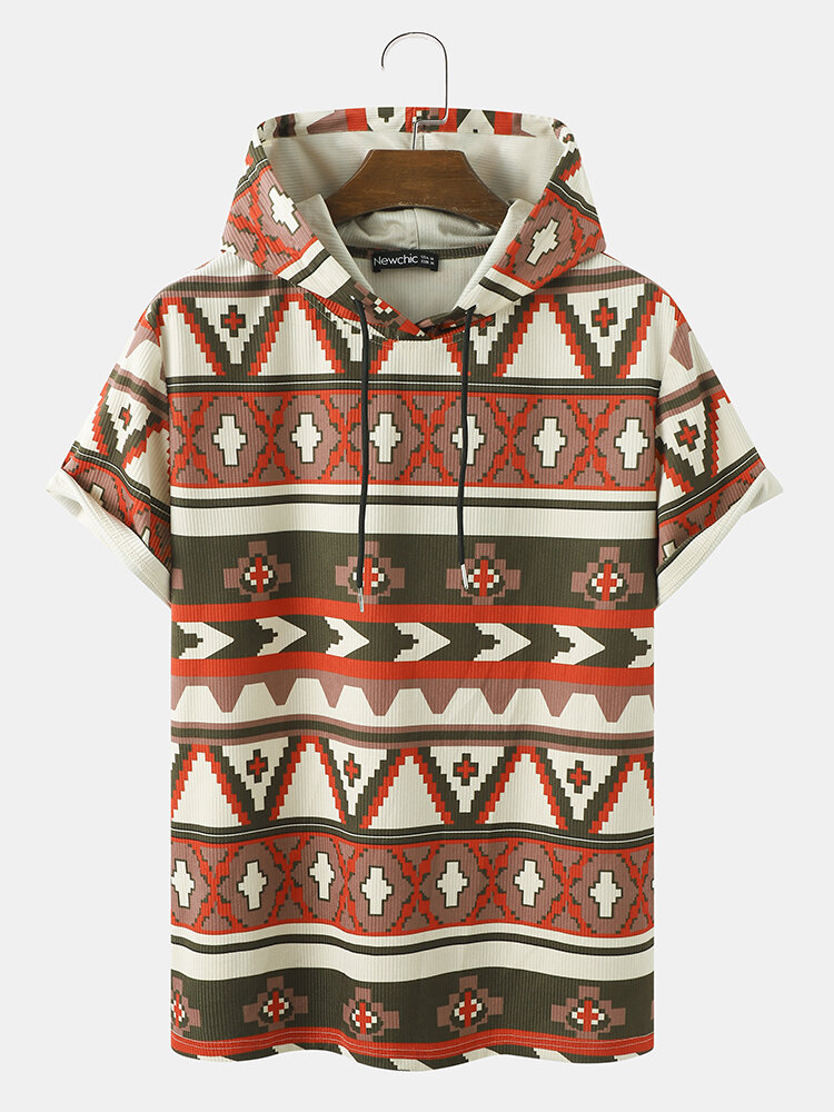 Mens All Over Colorful Geometric Print Corduroy Short Sleeve Hooded T-Shirts