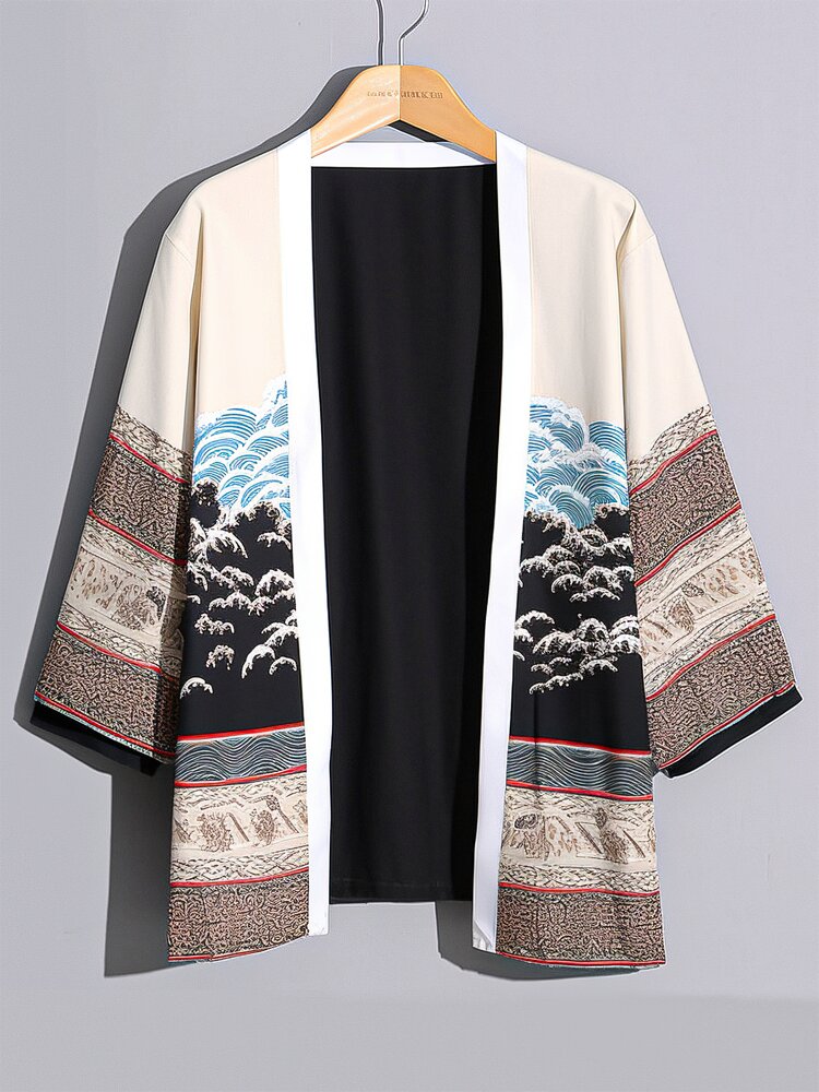 

Mens Japanese Element Print Open Front Loose 3/4 Sleeve Kimono, Apricot