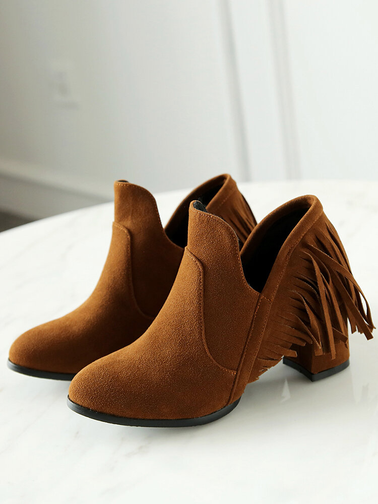 Women Tassel boots Casual Pointed Toe Chunky Heel Ankle Moccasin Boots
