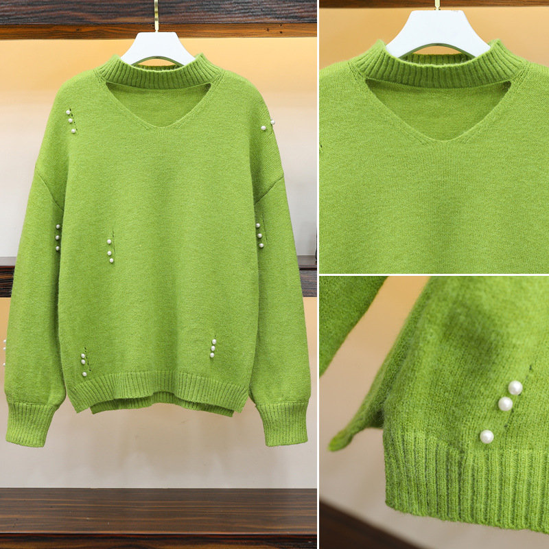 Avocado Green Knit Top Loose Beaded Pullover Sweater