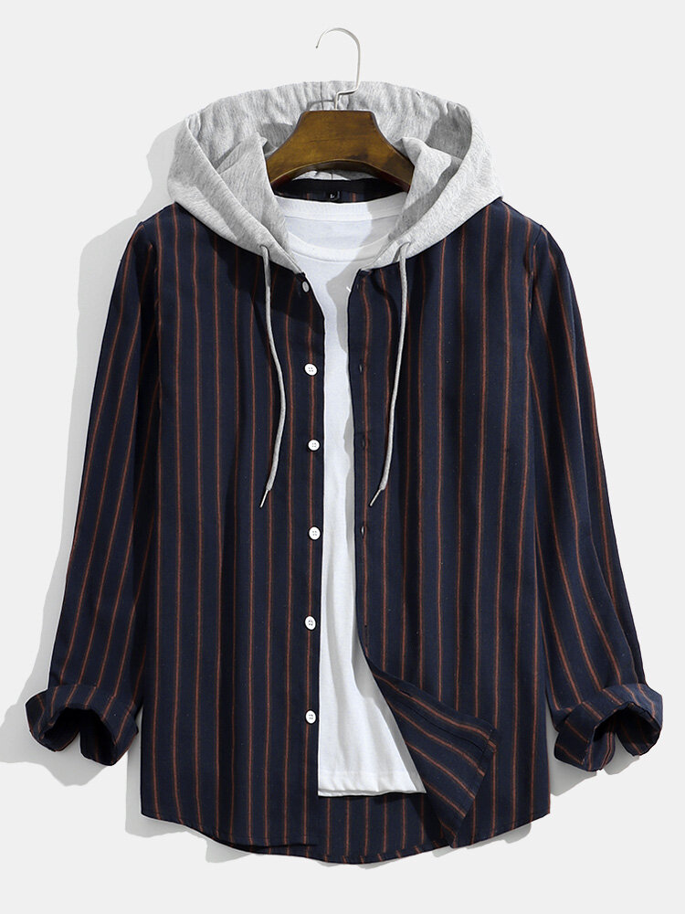 Mens Cotton Contrast Striped Button Up Casual Drawstring Hooded Shirts