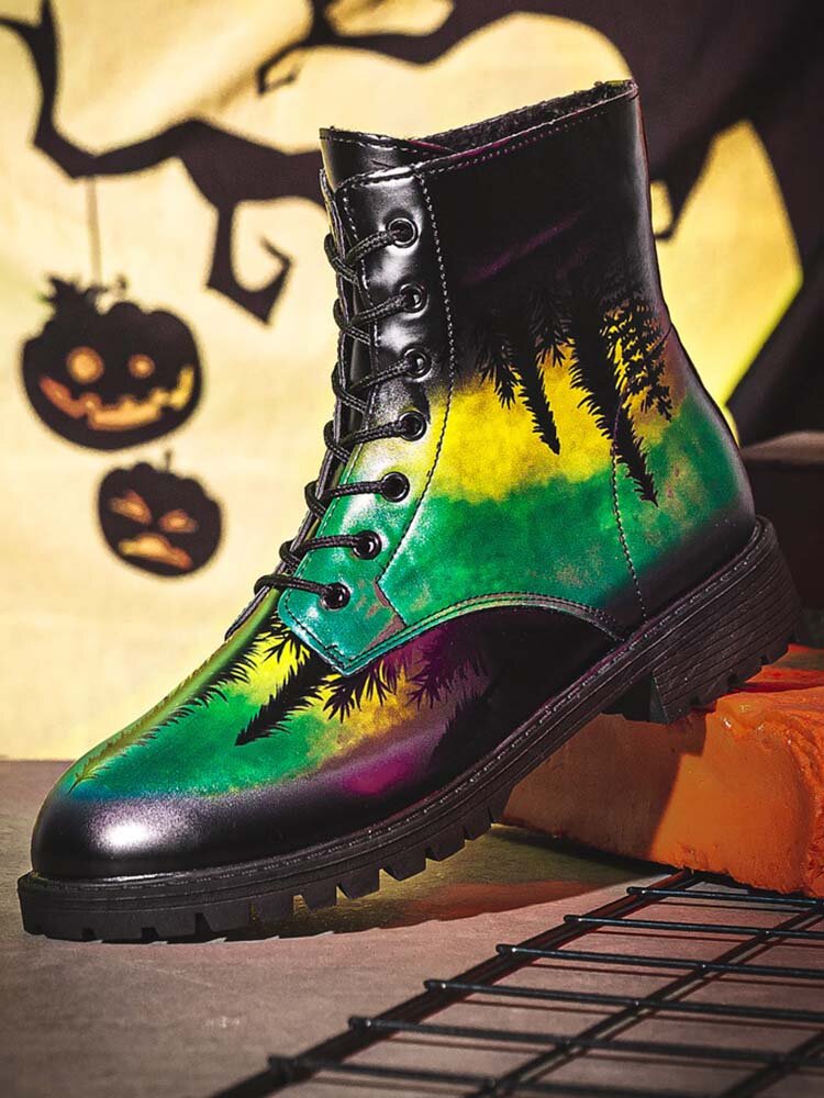 Men Halloween Plants Printing Color Block Stylish Short-Calf Boots