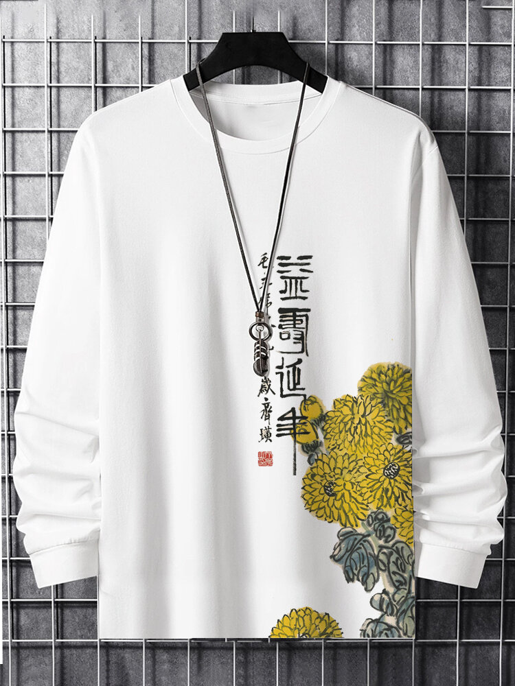 Mens Chinese Floral Print Crew Neck Long Sleeve T-Shirts Winter