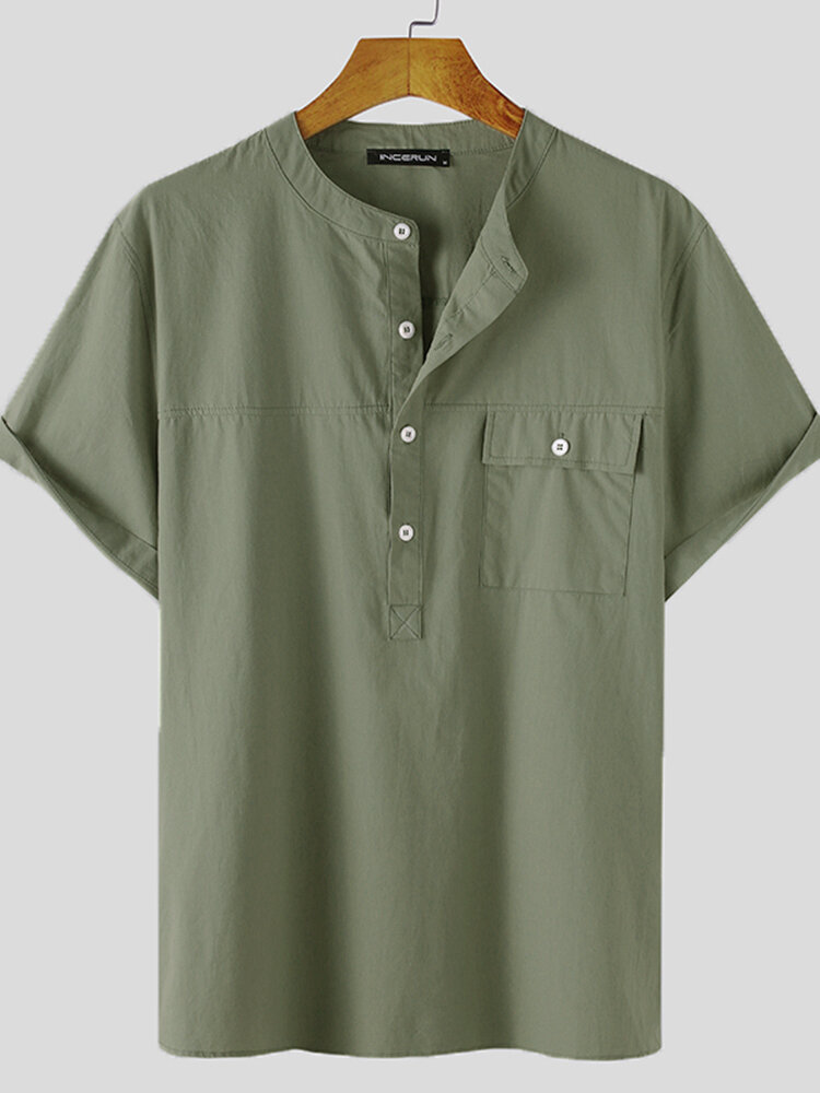 Designer INCERUN Mens Solid Short Sleeve Pocket Button Front Shirt ...