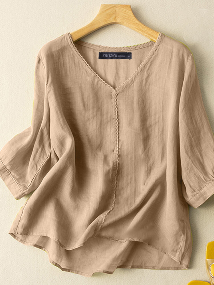 Damen-Bluse aus Baumwolle mit Spitzenbesatz, V-Ausschnitt, einfarbig, 3/4-Ärmel