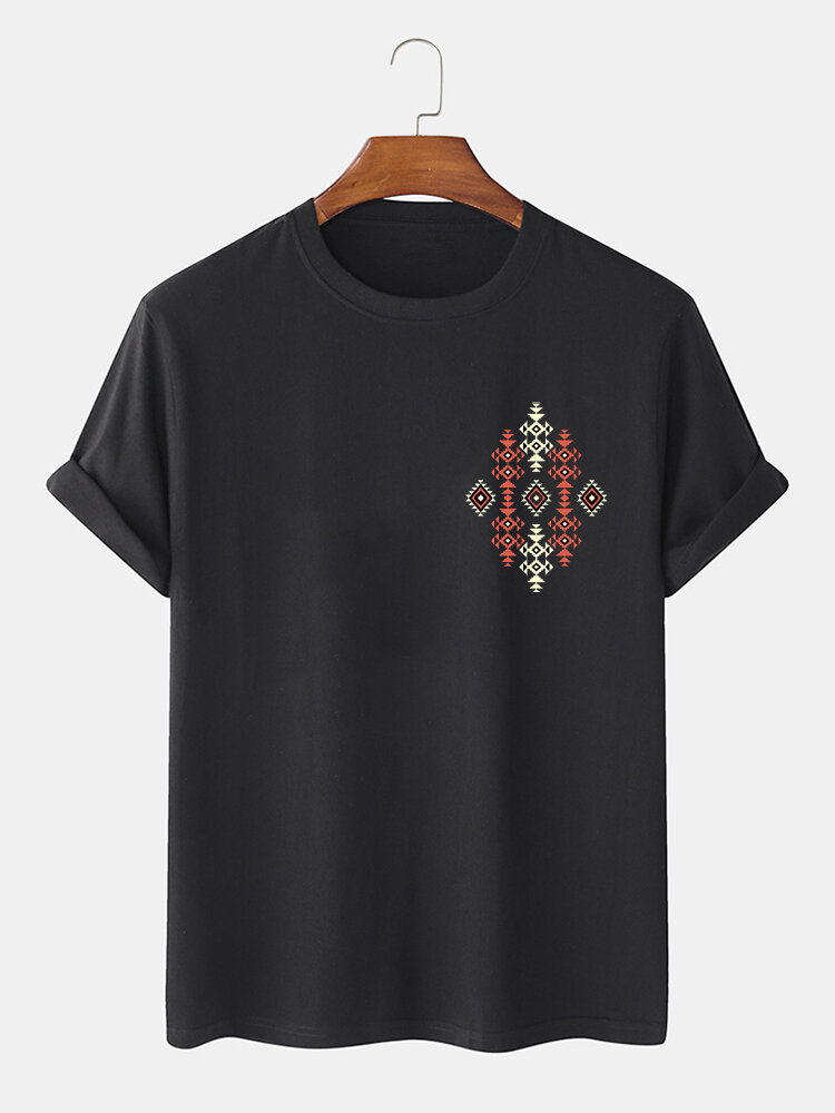 Herren T-Shirt mit ethnischem geometrischem Brustdruck, Rundhalsausschnitt, kurzärmelig, Winter