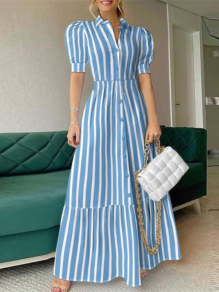 Women Striped Lapel Tiered Design Puff Sleeve Maxi Dress