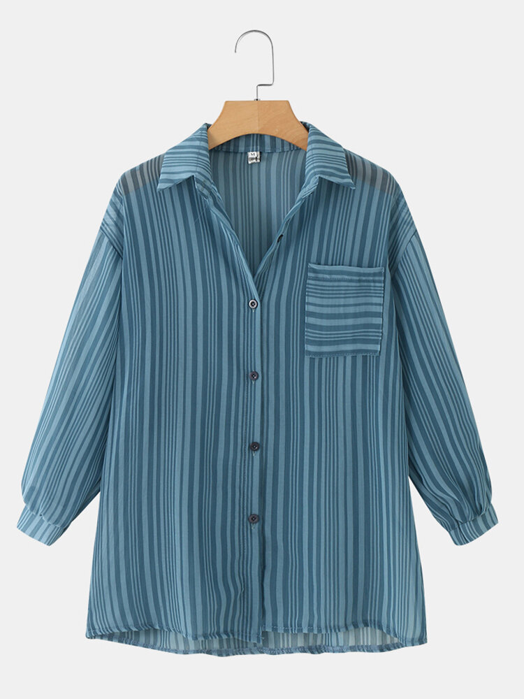 Stripe Print Chiffon Pocket Long Sleeve Lapel Button Down Shirt
