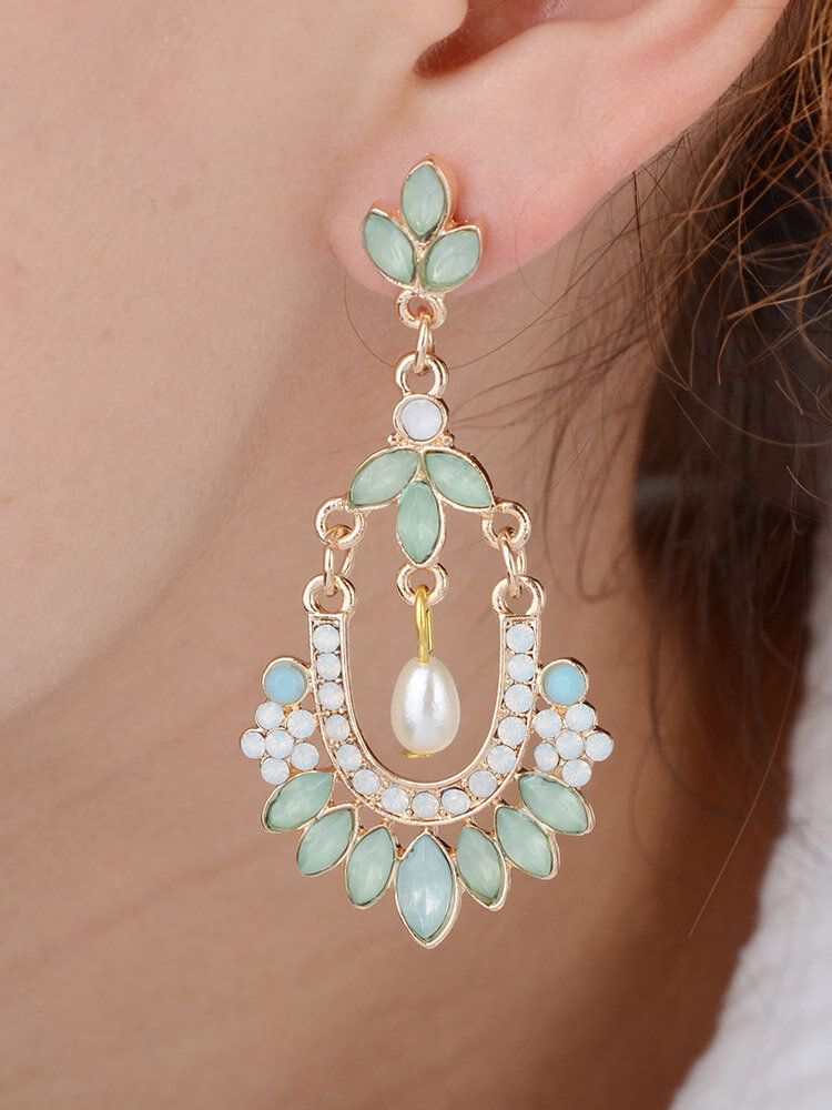 Retro Style Flower Ear Drop Water Drop Rhinestone Earrings For Elegant Women