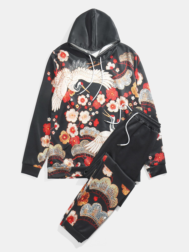 Mens Vintage Floral Crane Print Street Drawstring Hoodies Two Pieces Outfits