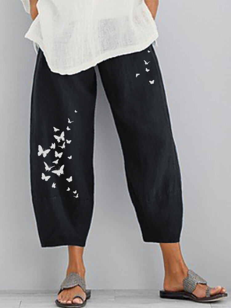 Butterflies Print Elastic Waist Casual Pants For Women