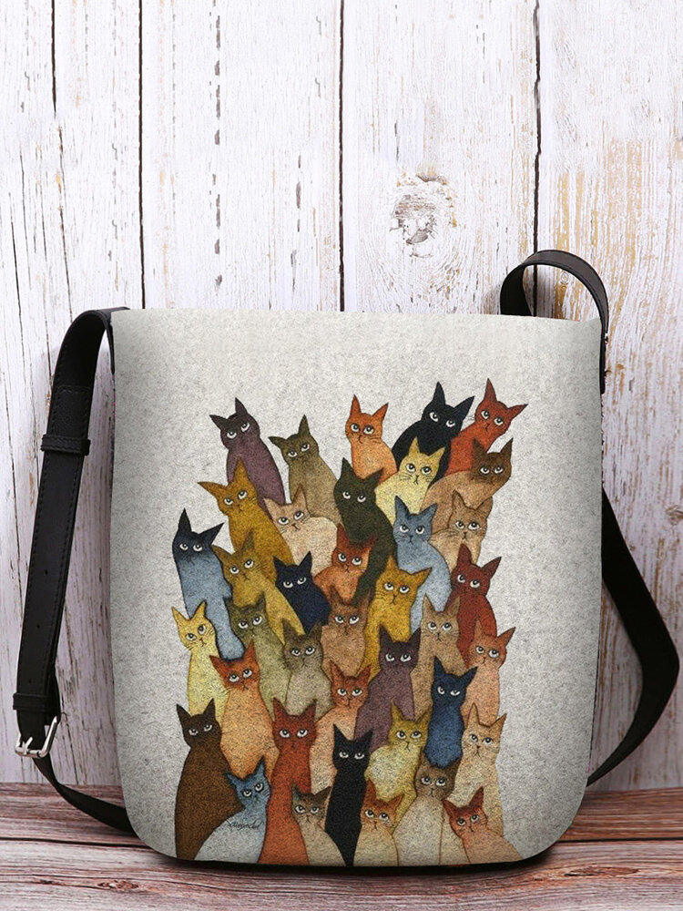 Women Felt Cartoon Cats Print Casual Crossbody Bag