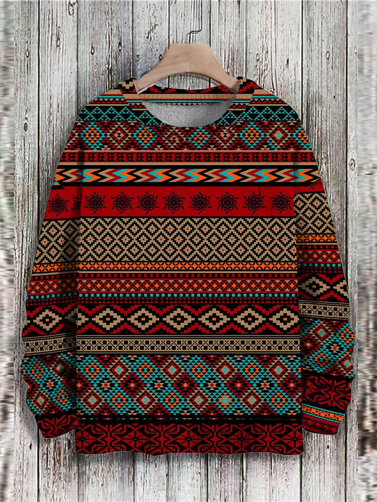 Herren-Pullover-Sweatshirt mit durchgehendem ethnischem geometrischem Aufdruck und Rundhalsausschnitt
