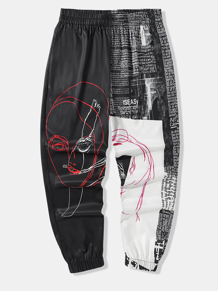 ChArmkpR Mens Abstract Face Letter Print Patchwork Elastic Waist Loose Pants