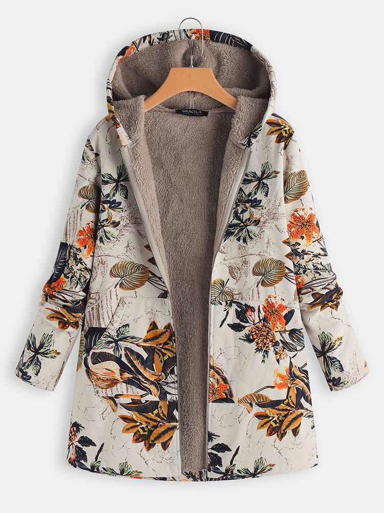 Casacos vintage com estampa floral de manga comprida com capuz