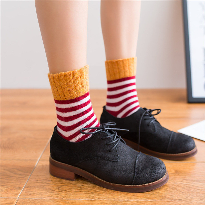 

Winter Women Socks High Cuff Mouth Striped Wool Socks Casual Warm Thick Pile Heap Socks, Yellow;grey;dark pink